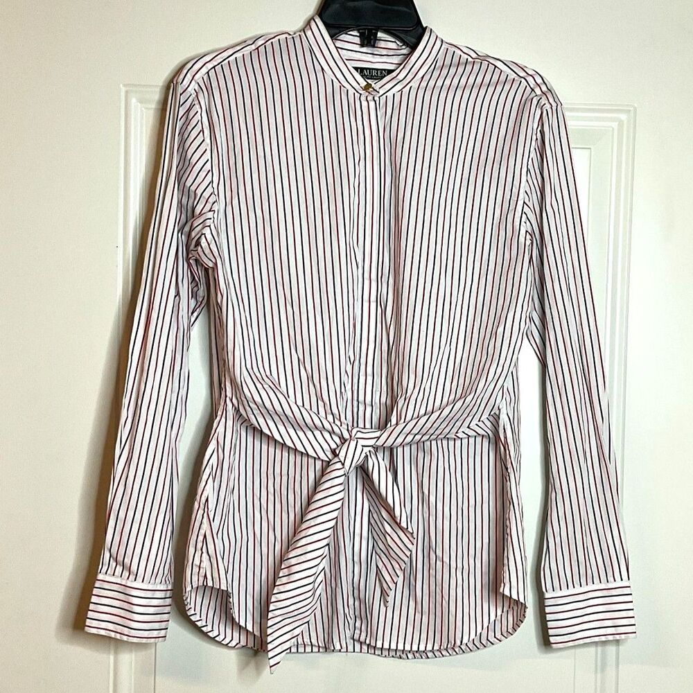 "Lauren" Ralph Laurent Striped Tie-Front Button Down Cotton Shirt, Size M